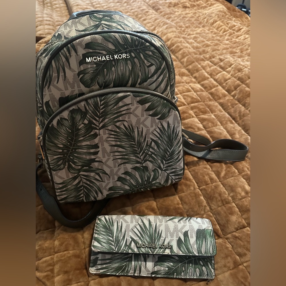 Michael Kors Green and Gray Backpack with Tropical Print